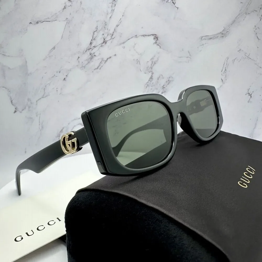New Gucci Sunglasses Black Square Rectangular Gold Interlocking GG Metal Logo
